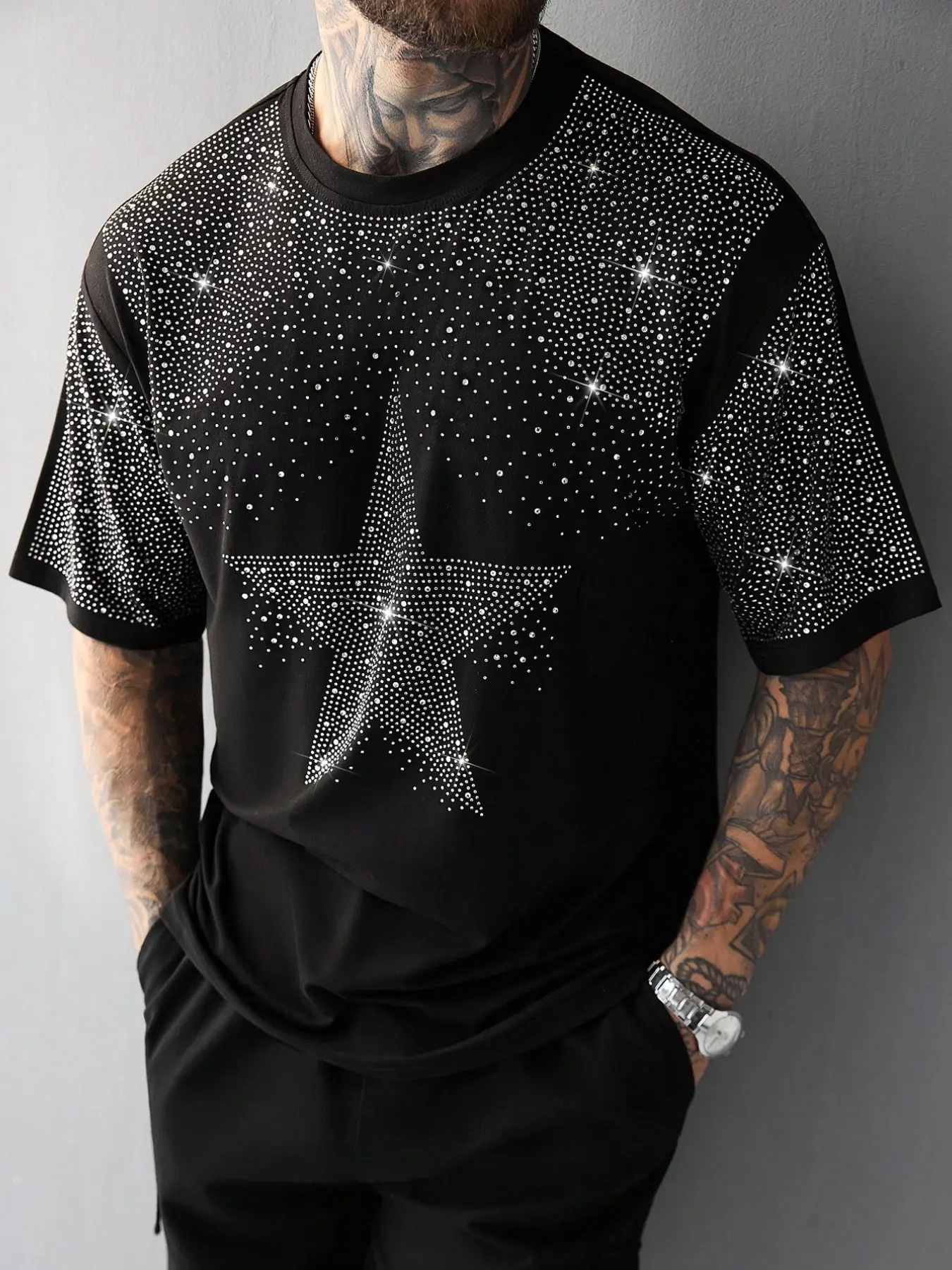 Unisex design featuring a star pattern with water-crystal inlays. A stylish Glam-inspired Streetwear top, Round neck, that shines with modern design, perfect for showcasing trendy fashion sense. Ideal for casual wear in school or the workplac