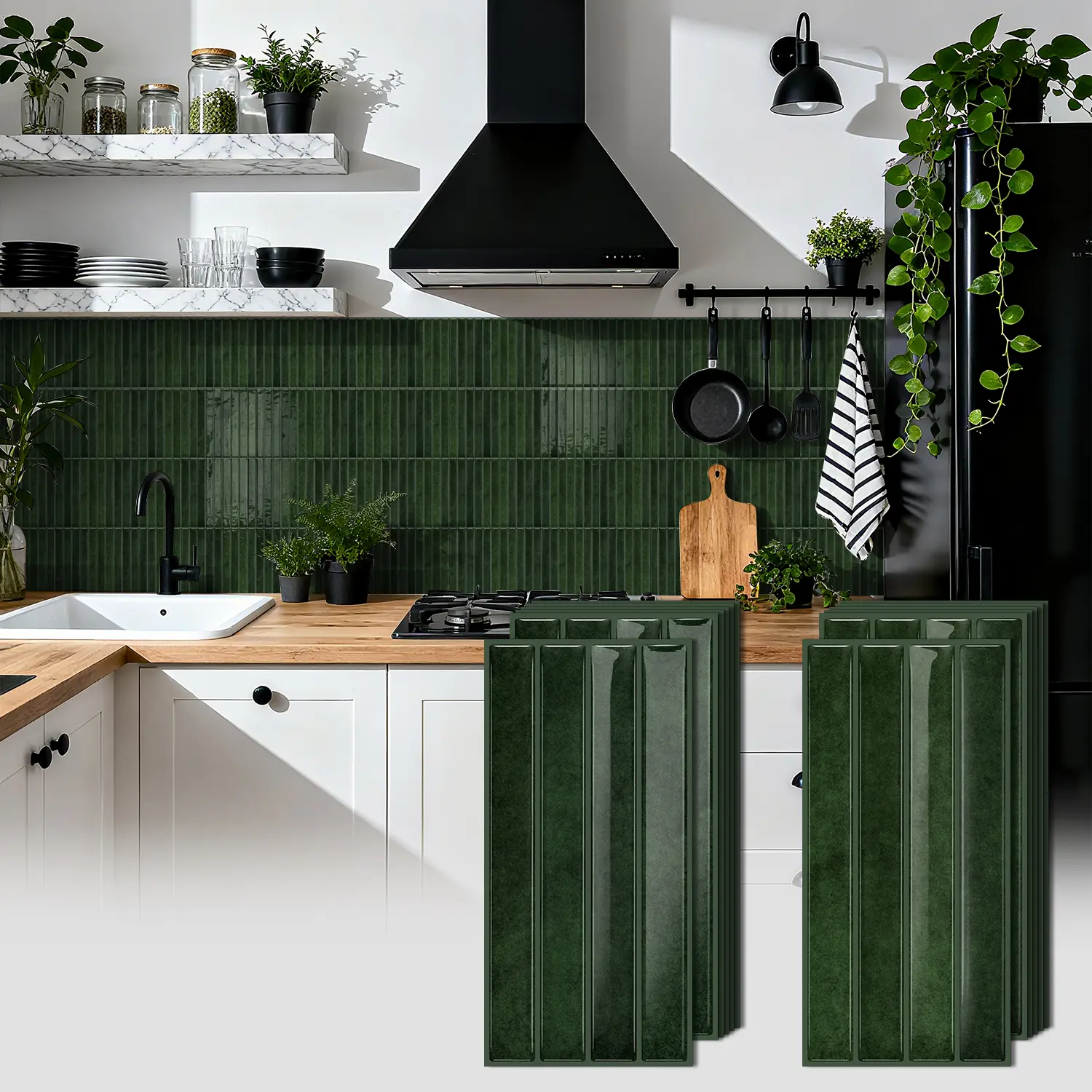 12*24.6cm - 3D Stereo European-style Dark Green Mosaic Wall Sticker - Thick, Wear-resistant, Easy to Install, DIY Installation, No Adhesive Needed - Artistic Home Decor Wall Sticker Suitable for Restaurants, Bathrooms