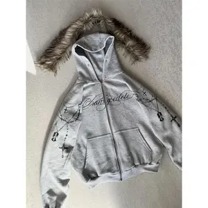 Winter Fashion Streetwear Women's Gothic Punk Faux Fur Hooded Jacket With Cross Print Trendy Edgy Zip - Up Sweatshirt 2026 New