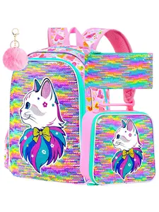 Cute Cat Sequin Kawaii Pattern Backpack Set for Girls | Perfect for Elementary School & Back to School, Includes Lunch Box & Pencil Case, Lightweight & Durable