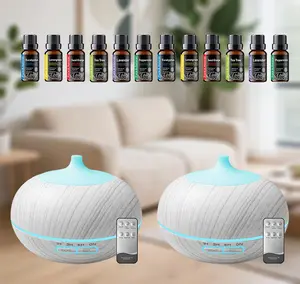 2 Pack - Wood Grain Ultrasonic Diffuser & Humidifier, 550ml Each, Comes with Remote and 12 Bottles of Essential Oils, Features 7-Color Mood Light, Auto Shut-Off, and Whisper-Quiet Operation for Office and Bedroom