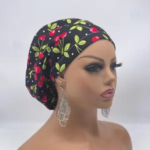Adjustable surgical OR SCRUB CAP, black  red cherries cotton fabric Europe style nursing caps  and satin lining option.