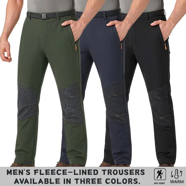 Men’s fleece-lined outdoor long pants with panel design, warm for autumn/winter, knee-reinforced hiking/climbing trousers