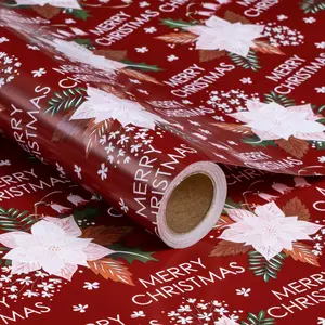 Poinsettia Christmas Gift Wrap Paper, 'merry Christmas' Print, 43.2cm X 1000cm, Ideal for Festive Parties, DIY Craft Decorations