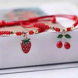 1pc Adjustable Red Rope Bracelets With Fruit Charms, Strawberry & Cherry, Simple Style, Braided, Friendship/Bestie Bracelet, New Year Gift, Student Fashion