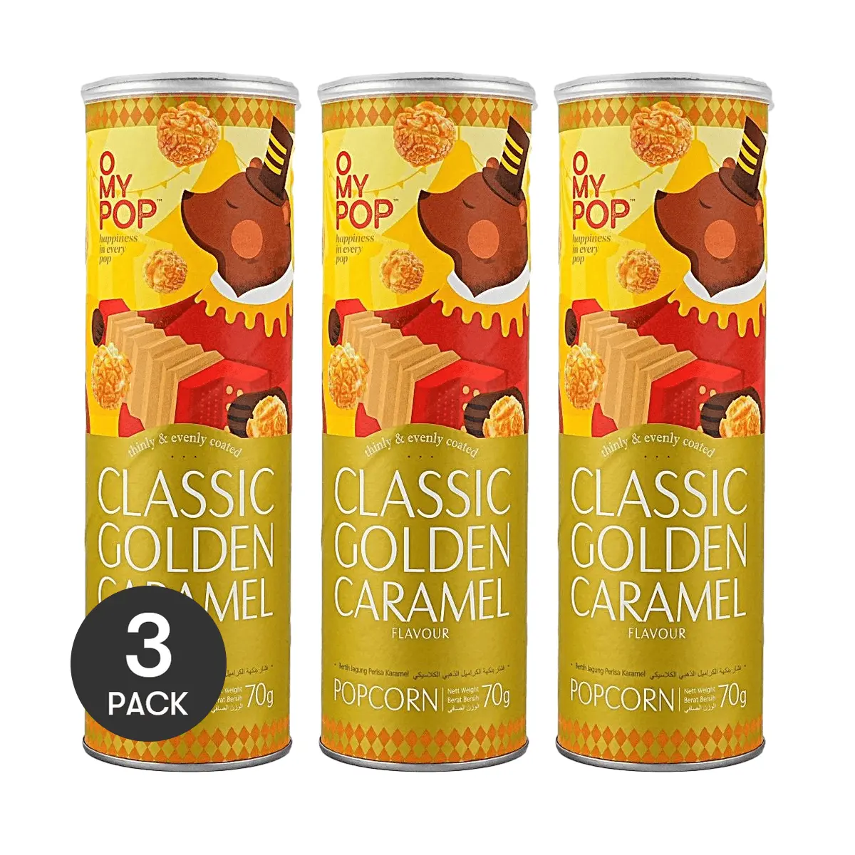 3 Pack OHMYPOP Malaysian Golden Caramel Popcorn 2.47 oz Each - Sweet Crispy Movie Night Snack