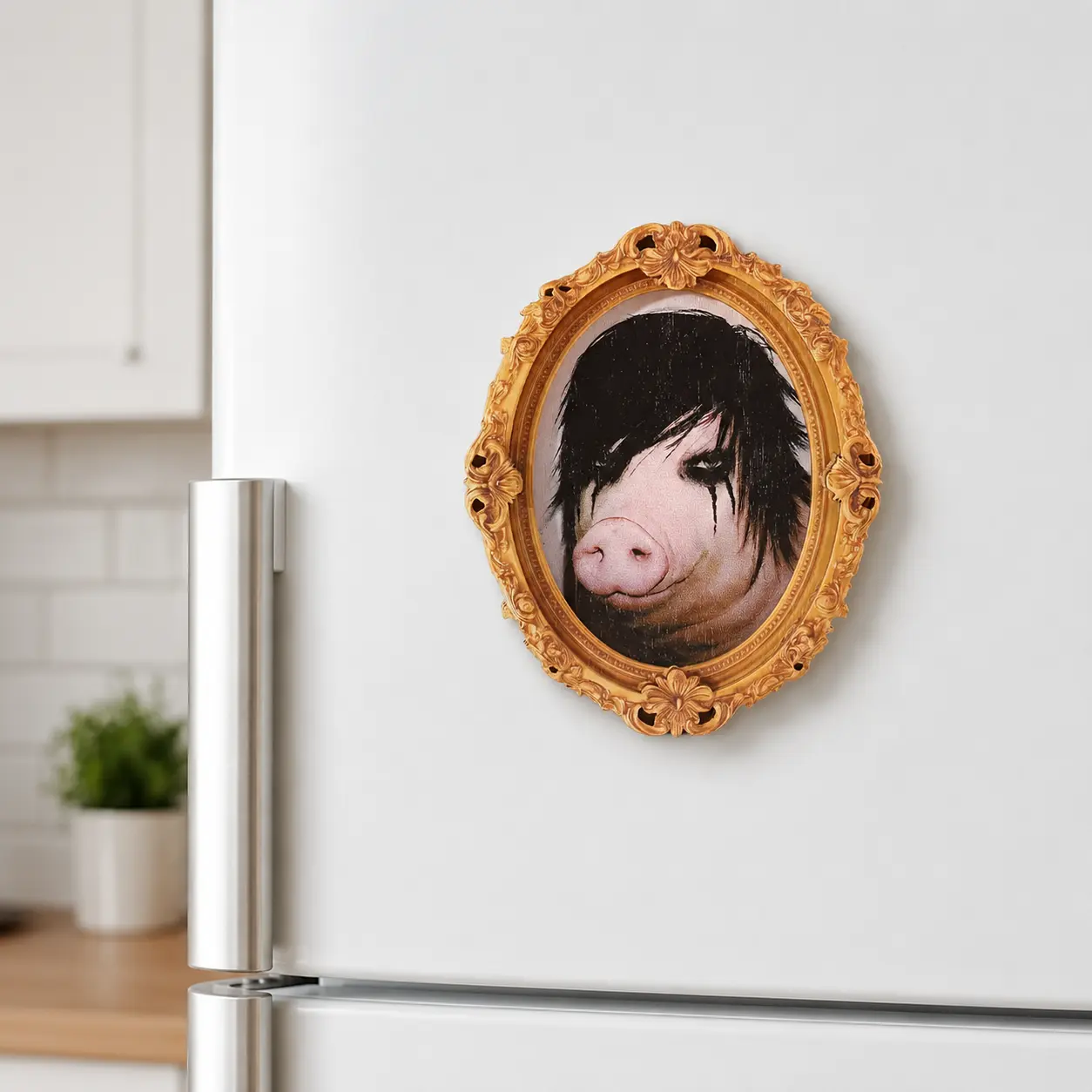 Funny Emo Pig Gold Oval Frame Fridge Magnet Humorous Gothic Animal Refrigerator Magnet Decor