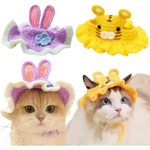 2Pcs Cute Knitted Hat for Cat, Funny Bunny Crochet Hats for Cats Guinea Pig Small Dog Rabbit, Pet Cat Costume for Birthday Party Christmas Halloween, Bunny Costume Accessories (Rabbit, Tiger)