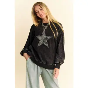 Davi & Dani Stud Star Patch Acid Washed Sweatshirt