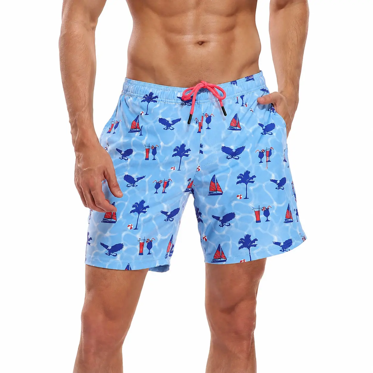 Men's Printed 7" Inseam Swim Trunks, Quick Dry Beach Shorts with Compression Liner, Front Pockets & Adjustable Drawstring
