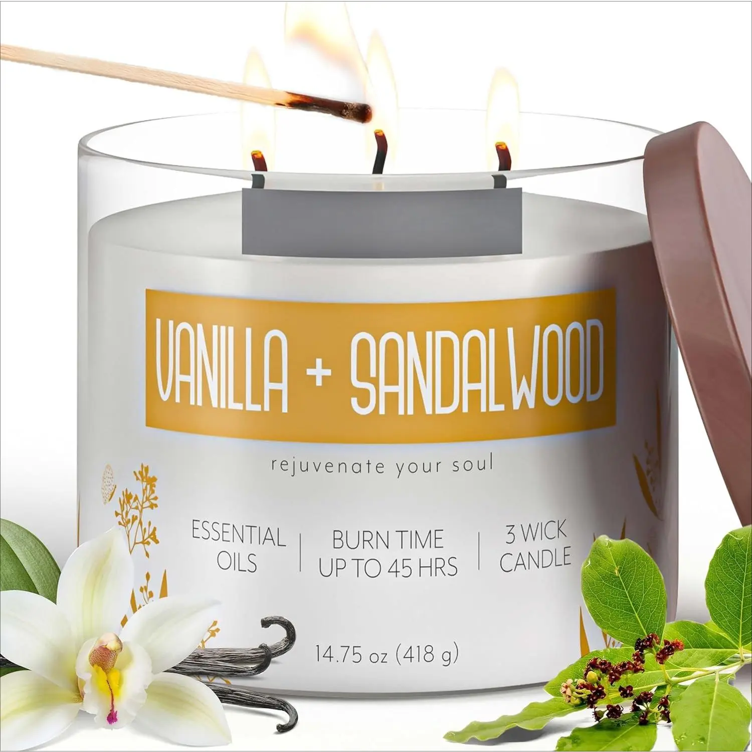 Essential Elements 3-Wick Aromatherapy Scented Candle - Vanilla & Sandalwood, 14.75 oz Jar, Poured in USA, 45-Hour Burn Time, Ideal for Relaxing Home Decor Ambiance