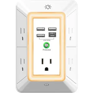 Multi Plug Outlet Surge Protector - 3-Sided Power Strip with 5 Outlet Extender and 4 USB Ports(1 USB-C) and Night Light, USB Wall Charger for Home, Office, Travel, ETL Listed, White