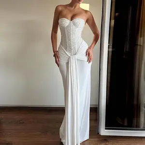 XY25325PFO-New Year Outfits, Christmas Dress, Women's Ribbon Strapless Elegant Christmas Long Dress, Off-Shoulder Bodycon New Year Party Dress for Women