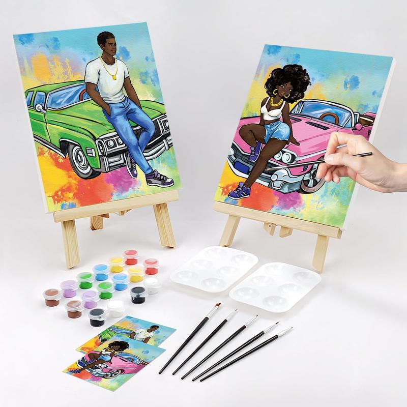 Couples Painting Kit Date Night Afro Couples with Cool  Sip and  Kit for Adults Pre Drawn Canvas for Painting for Adult Love Pre Drawn Stretched Canvas Kit Art Set 2 Pack 8"x10"