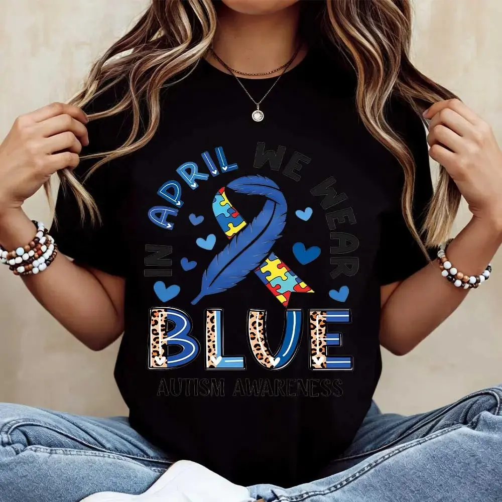 [ 100% Cotton ] [ Made in USA ] In April We Wear Blue Autism Awareness Ribbon And Puzzle Piece Print T Shirt Casual Round Neck Short Sleeve For Women Autism Awareness Month