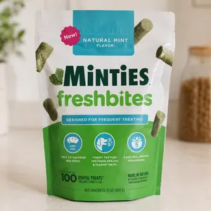 Minties FreshBites Soft and Chewy Dental Treats for Dogs, Low Calorie Natural Mint Flavored Dental Chews for Dogs, 100 Count, Chews Clean Teeth, Fight Bad Breath, and Removes Plaque and Tartar