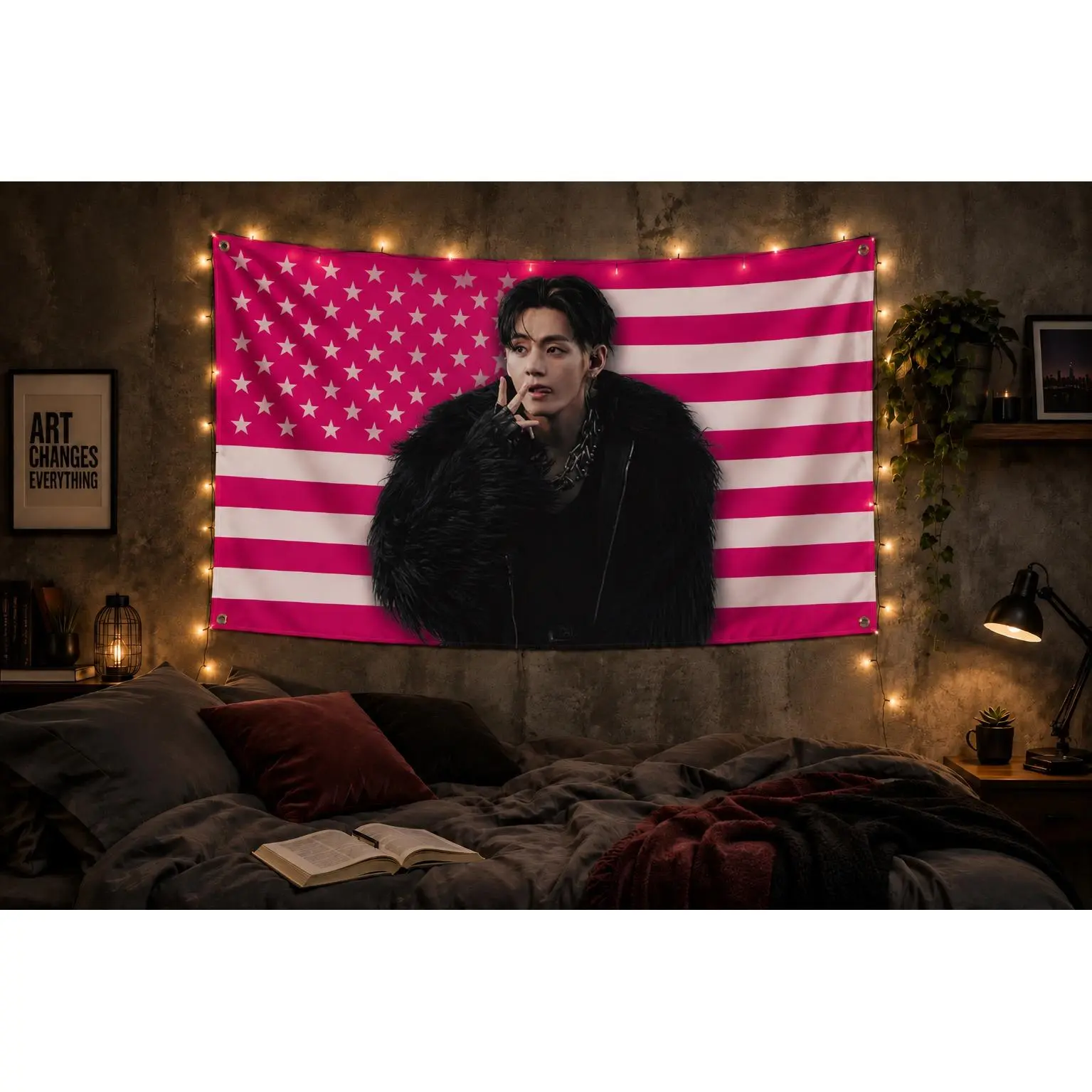 Kpop Idol Inspired Wall Flag, Luxury Streetwear Bedroom Decor, Pink Fan Tapestry Gift for ARMY, Birthday Room Accent