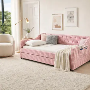 ARCH Upholstered Convertible Daybed with Trundle, 3-in-1 Sofa Bed, Tufted Button Backrest, Pull-Out Twin Bed, King Size Option, Side Storage Pockets, MDF Frame, Multiple Color Options, Compact Living, Guest Room, Kids Bedroom, MDF Material