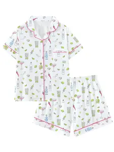 Teen Girls Cute Lemon High-Neck Sleepwear Set, Two-Piece Button-Up Top and Shorts, Casual Loungewear, Pajama Outfit, All Seasons, Comfortable Gift