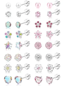 Exquisite 16 Pairs Colorful Heart Ball Faux Pearl Screw Back Earrings Set Hypoallergenic Surgical Steel Ear Studs for Women Men Tiny CZ Ball Heart Flower Screw Back Flat Back Stud Earrings Multicolored Cute Small Cartilage Earrings