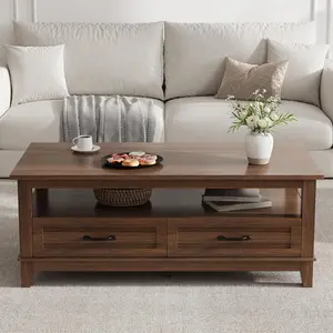 【Christmas Gift】47Point2 Inch Farmhouse Coffee Table with Drawers Rustic Walnut Center Table with Ample Storage and Elegant Design Brown