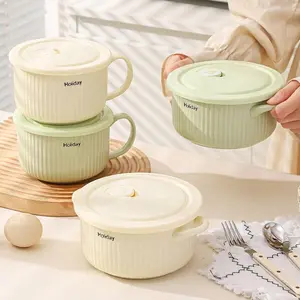 Ceramic Bowl with Lid, 3 Counts/set Including 1 Large Bowl & 1 Medium Bowl & 1 Small Bowl, Microwave Safe Bowl with Handle, Durable Kitchenware