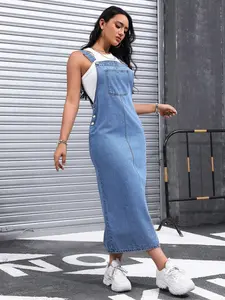 Women’s Solid Color Denim Overall Dress – Casual Chic Streetwear, Adjustable Straps, Trendy Everyday Outfit