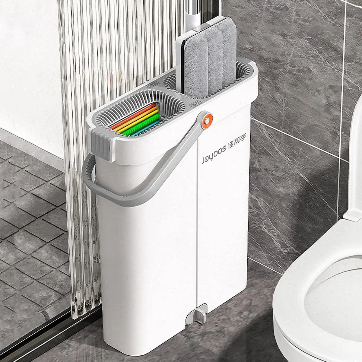 Joybos Adjustable Rotatable Flat Mop & Roller Home Cleaning Bundle Set, Durable Stainless Steel Sturdy Split Bucket, 2 Absorbent Microfiber Mop Heads, Easy Storage & Easy Drainage for Wet-Dry Floor Cleaning