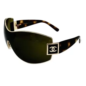 Pre-owned CHANEL Sunglasses CC Logo Dark Green GOLD Oversized W/Case #1554