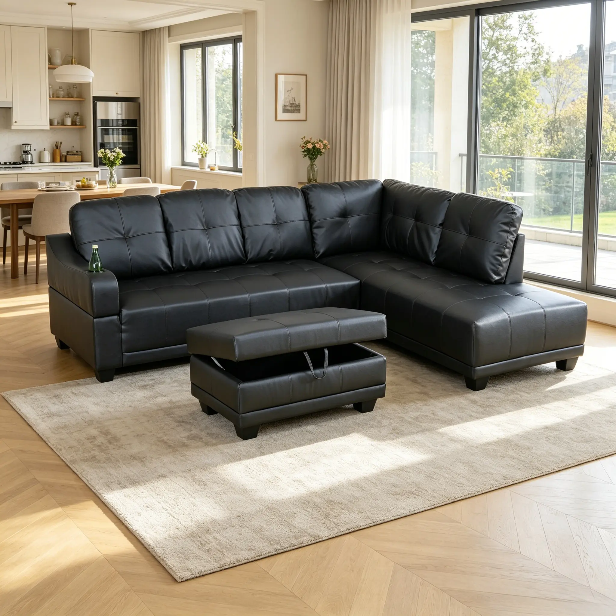 3-Piece Semi PU Leather Sofa Set - Indoor Living Room Family Casual Comfy Couch, Sturdy Solid Frame, Thick Padded Cushions, Scratch & Fade-Resistant Premium Synthetic Leather, Assembly Required for Household Leisure L Shaped Sofa Convertible Sofa Set