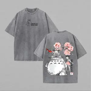 Men's Baggy Short-Sleeve T-Shirt - Vintage Studio Ghibli My Neighbor Totoro, Retro Washed Gray Distressed Look, Anime Print with Totoro & Sakura Cherry Blossom, Unisex Japanese Streetwear Top for Ghibli Fans