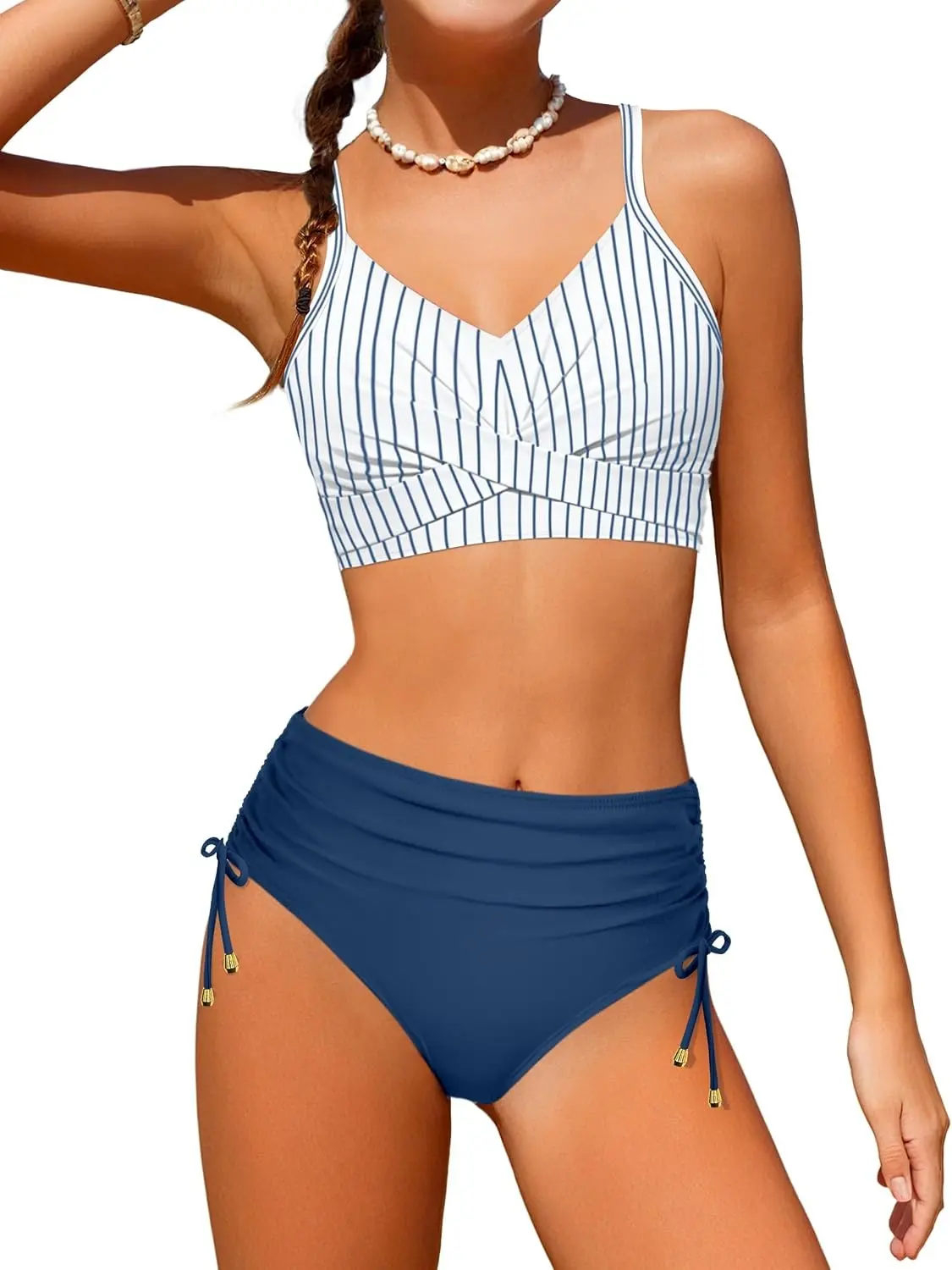 Teen Girls Swimsuits V-Neck Bikini Set Bathing Suits Cross Straps Two Piece Swimwear with Drawstring