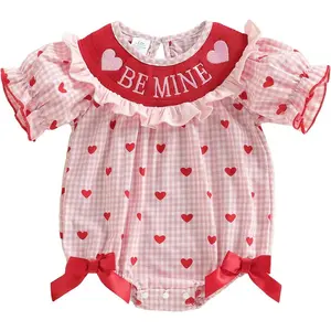 Baby Girl Valentines Day Outfit Love Heart Ruffle Bubble Romper Short Sleeve Plaid Jumpsuit Cute Smocked Clothes