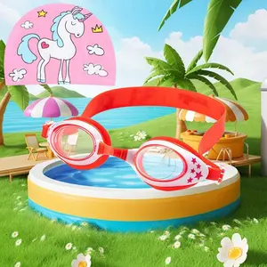 Unicorn Design Swimming Goggles & Swimming Cap Set for Children, 2 Counts/set Waterproof Anti-fog HD Kids Goggles, Swimming Equipment for Pool Beach