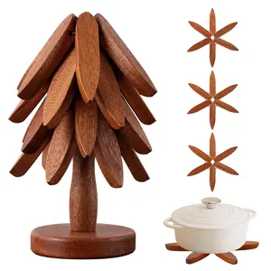 Wooden Cup Mat Set, Kitchen Coasters for Hot Dishes, Christmas Tree Design Pot Holders with Stand, Heat Resistant Kitchen Home Decor for Pots Bowls Coffee Mugs Tea Kettles