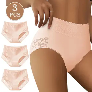 QUASTI 3-Piece Pink High-Waisted Elegant Cotton Lace Detailing Women's Panties Highly Elastic Soft Breathable Full Coverage Underpants Comfortable Everyday Brief , Seamless Underwear Sizes S-XXL