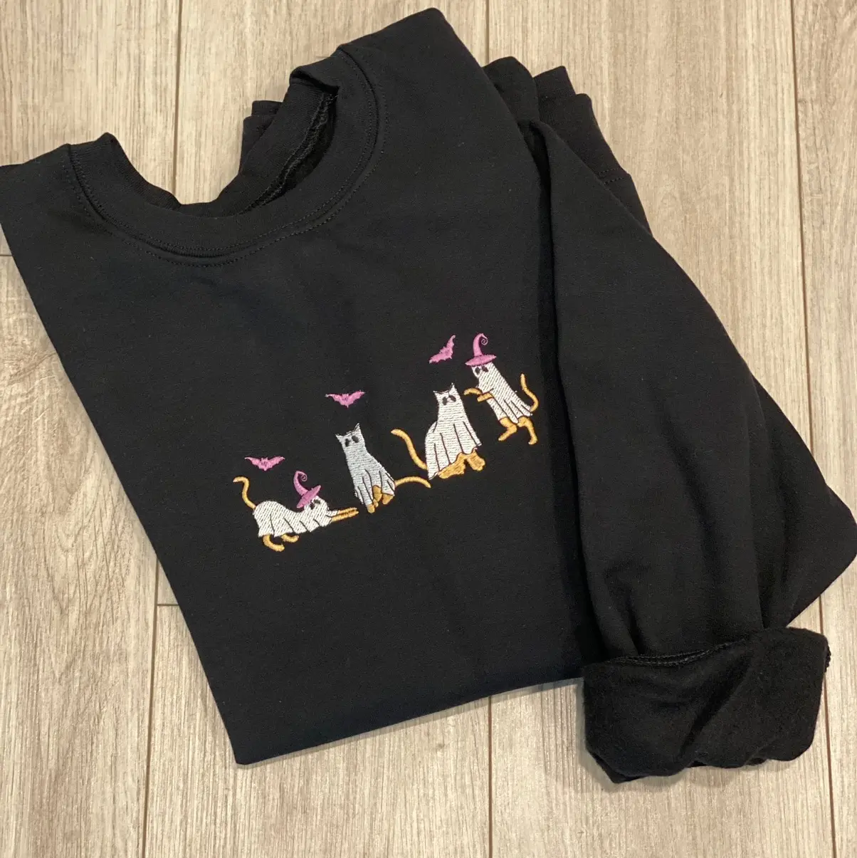 Embroidered Ghost Cats Sweatshirt, Halloween Cats Crewneck Sweatshirt