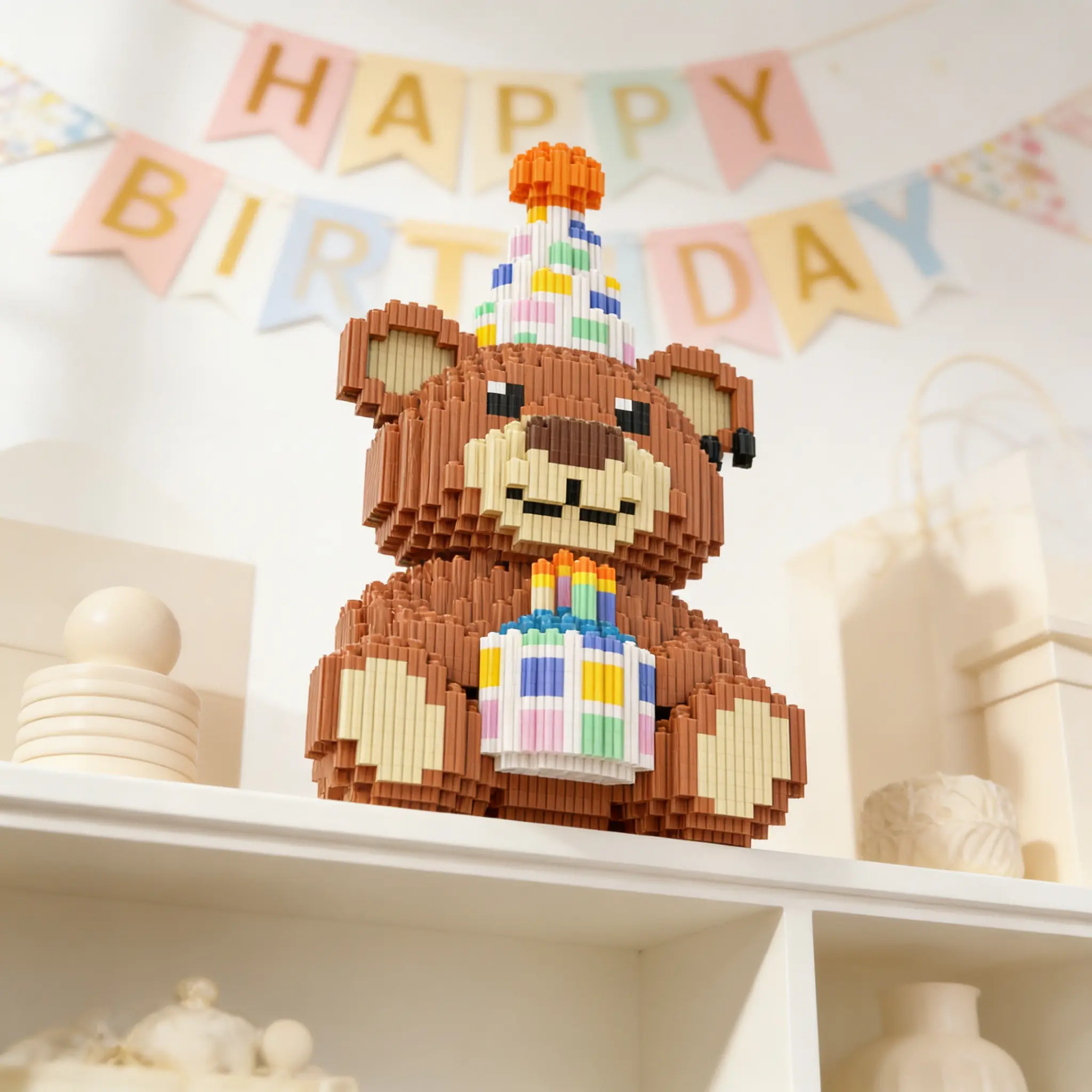 Birthday Party Cake Heart Bear 3D Puzzle Blocks Decoration, Bookshelf Home Office Cabinet Decor, Room Desktop Entrance Ornament, Building Block Puzzle