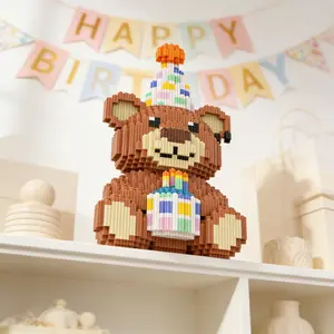 Birthday Party Cake Heart Bear 3D Puzzle Blocks Decoration, Bookshelf Home Office Cabinet Decor, Room Desktop Entrance Ornament, Building Block Puzzle
