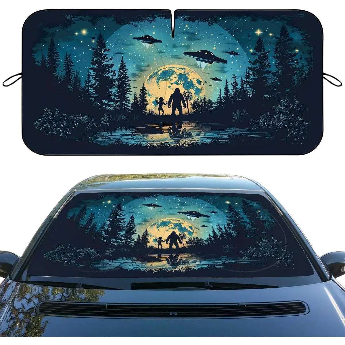 Bigfoot Alien Car Windshield Sunshade - Folding Moon UFO Trees Heatshield Front Window Sun Shade Visor Protector for Sedan Truck SUV - 59" L x 31.5" W
