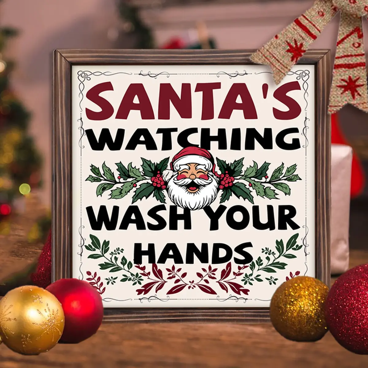 Santa Claus Washing Hands Funny Bathroom Decor, 8x8 Inch Wooden Picture Frame, Christmas Gift for Mom, Home & Wall Decoration, Home Party Decorations, Festive Decoration, Holiday Decor