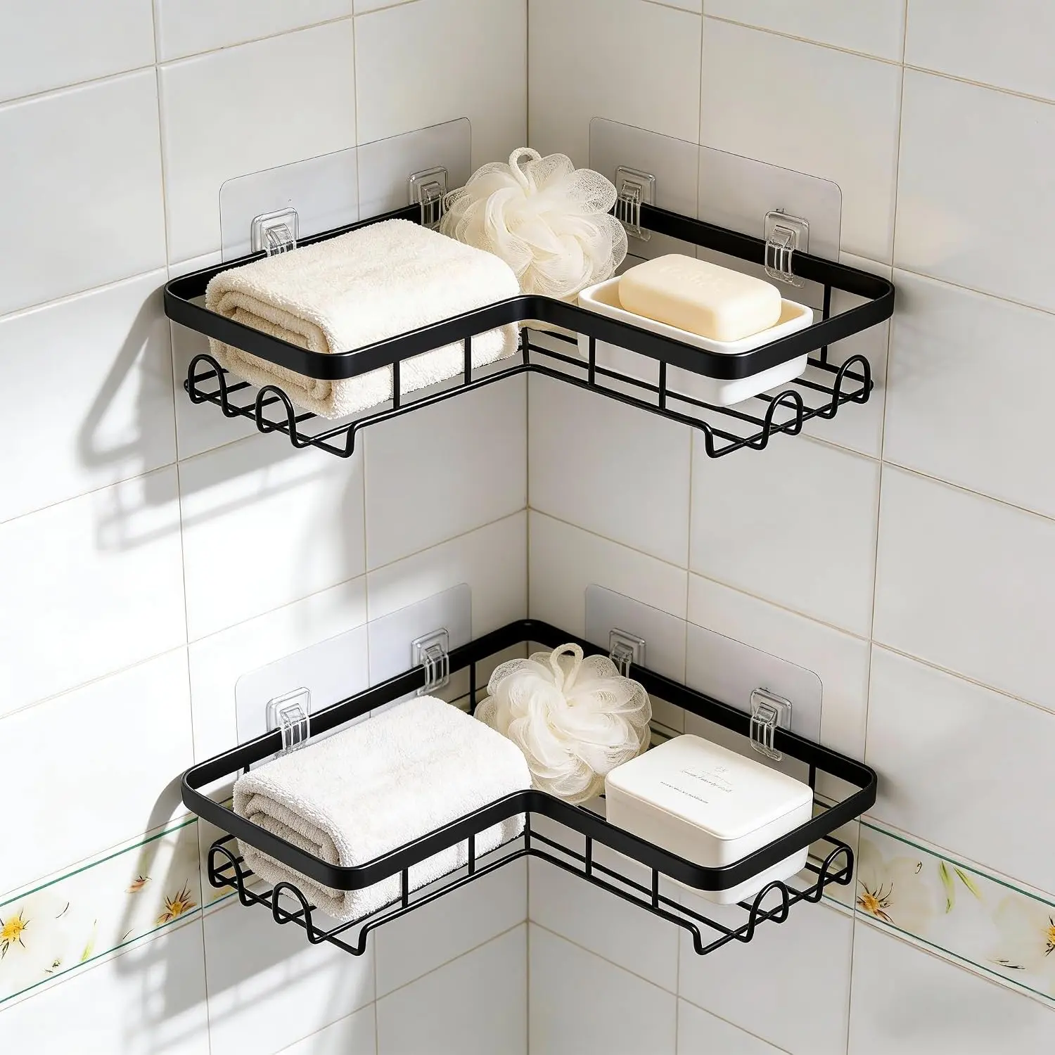 Cast Iron Corner Shower Shelf Punch Free Shower Corner Caddy, No-Drill Corner Storage Rack, Wall-Mounted Corner Shelf Organizer, Bathroom Wall Triangle Shelf, Fan shaped storage rack non perforated bathroom storage Wall Mount Shower Storage Rack