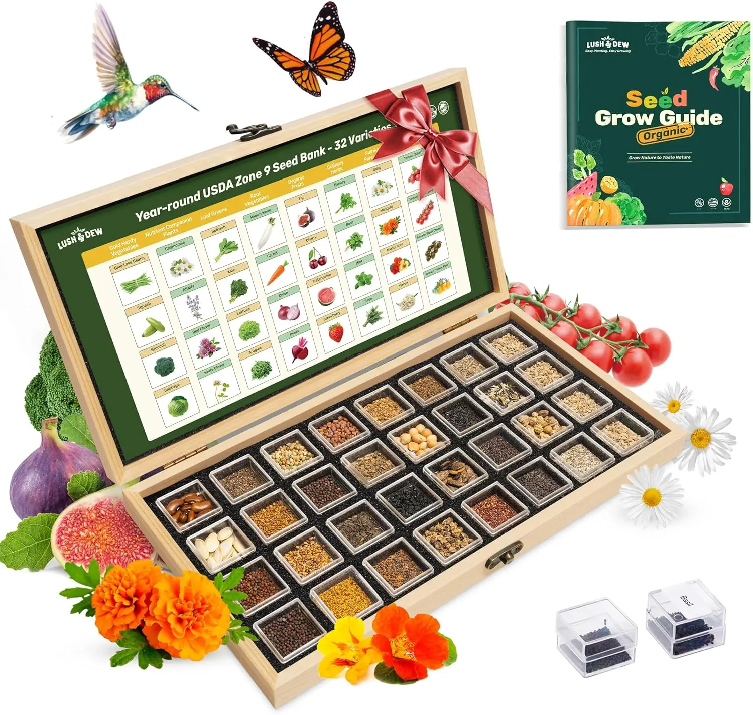 Lush&Dew Year-Round USDA Zone 9 Seed Bank, Gardening Gifts for Women Men, 32 Varieties Non-GMO Heirloom Seeds of Vegetables Herbs Fruits, Gift for Mom Dad, Survival Seed Kit for Raised Garden Beds