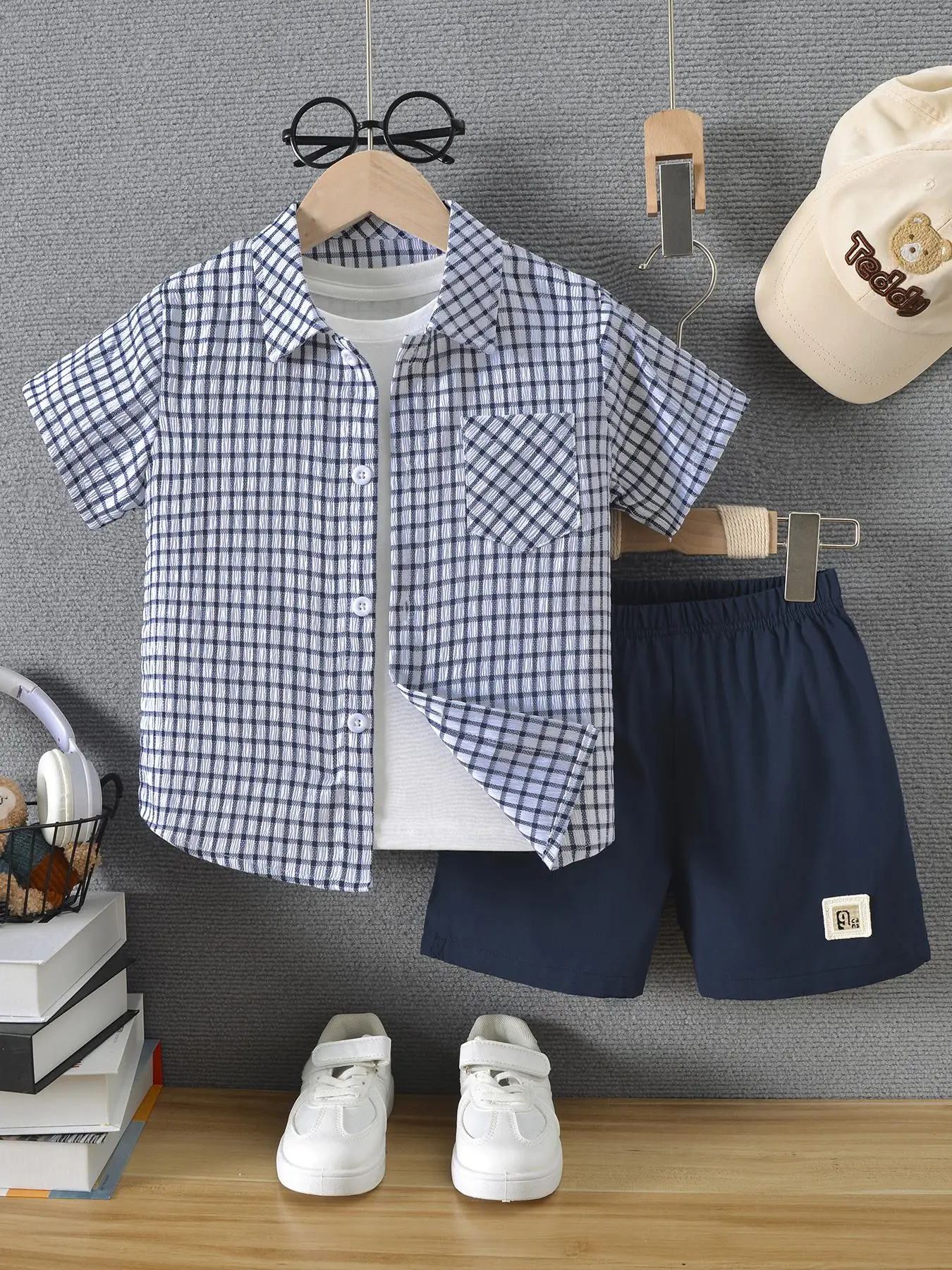 Two-piece Set Boy's Plaid Print Short Sleeve Shirt & Solid Shorts, Casual Summer Clothes for Kids, Kids Clothing for Daily Wear, Outfit