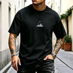 Men’s minimalist mountain triangle graphic T-shirt featuring a subtle outdoor nature print, made from a soft cotton blend—perfect for adventure lovers, minimalist style enthusiasts, and casual everyday outfits.