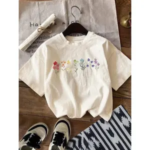 Retro Rainbow Wildflower Botanical Graphic T-Shirt, Vintage Boho Colorful Floral Print Oversized Crew Neck Tee, Women's Short Sleeve Streetwear Cotton Top, Trendy Cottagecore Aesthetic Shirt for Plant Lovers, Nature Enthusiasts and Casual Outfit Fans