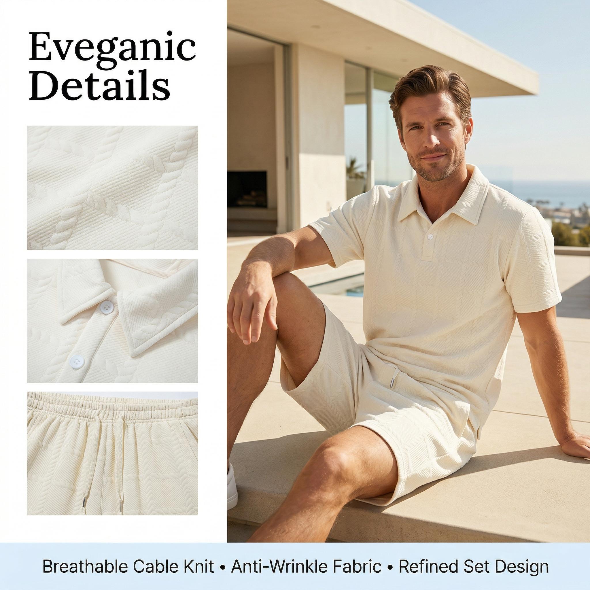 Men's 2 Piece Loungewear Set, Textured Polo Shirt & Shorts for Home & Streetwear