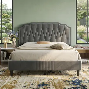 Modern Dark Gray Upholstered Bed Frame Full Queen Size Platform Bed With Adjustable Headboard Wood Slat Support Easy Assembly Bedroom Furniture