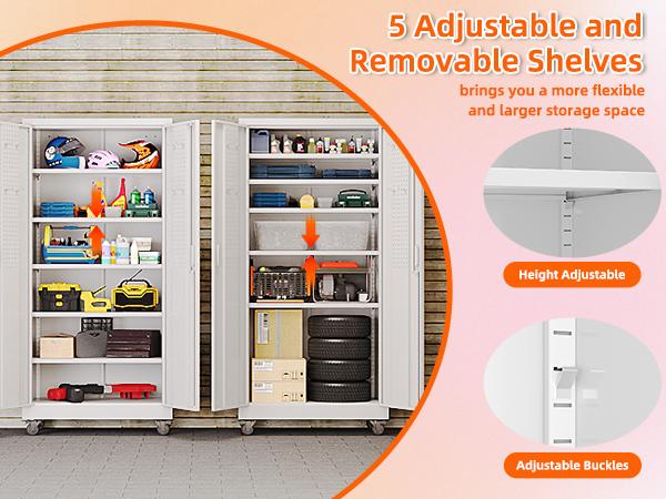 Aobabo 71" Large Metal Rolling Storage Cabinet with Wheels & Lock, Heavy Duty Steel Garage Tool Organizer with Door Pegboards & Hooks, 5 Adjustable Shelves for Home Office, Utility Room, Pantry & Warehouse, Mobile Lockable Black Cupboard