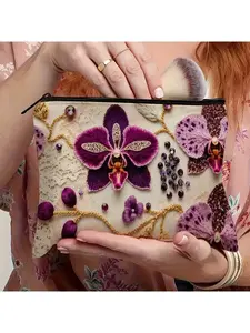 1pc, Embellished Clutch, Makeup Pouch with a Floral Design - Orchid Pattern Zipper Handbag, Perfect Dimensions for Makeup, Travel Necessities - Great Gift for Friends, Family, Special Events, Portable Toiletry Bag